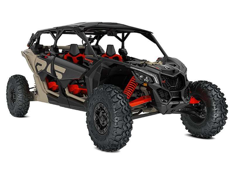 Black and red four-seat sport UTV side-by-side with rugged tires and open frame design for off-road use