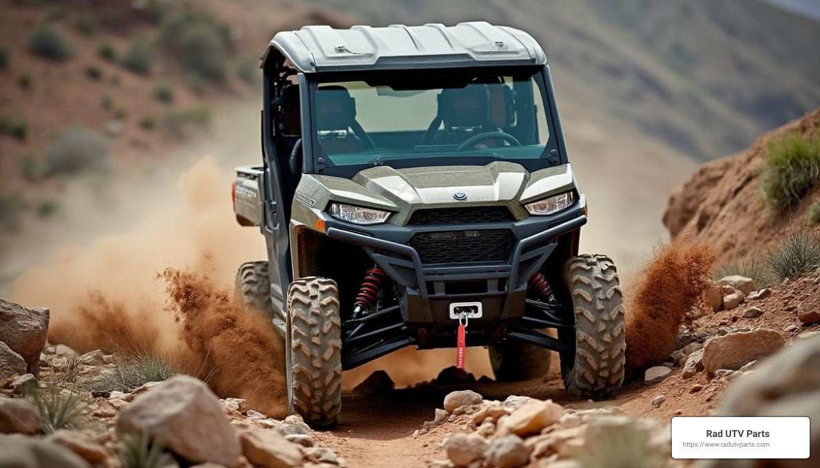 Off-road UTV driving through rocky terrain showcasing durable side by side parts and rugged wheels