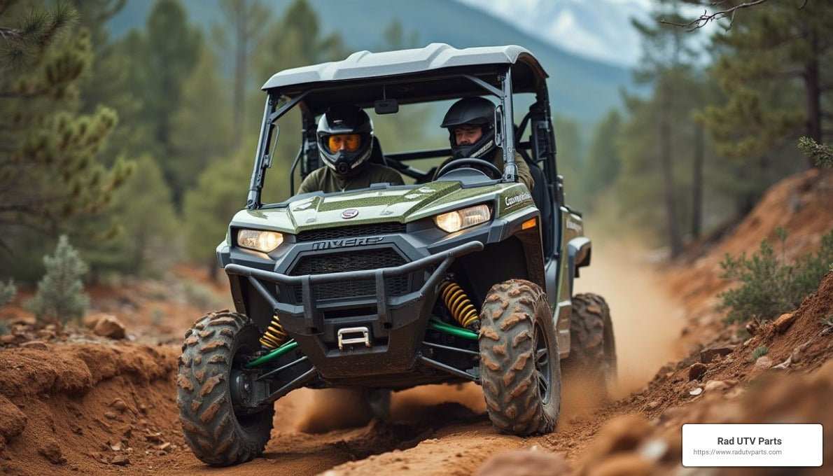 Side by side UTV off-road vehicle with two passengers driving on rugged dirt trail in forest