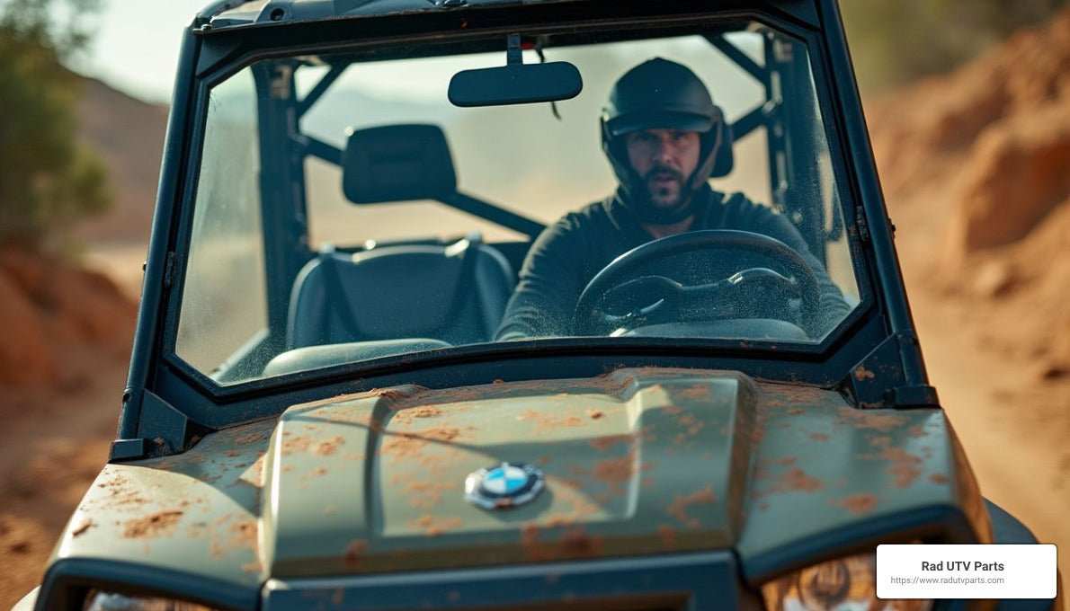 Man driving UTV with a clear windshield on a dusty off-road trail