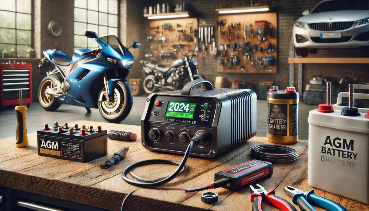 AGM battery charger on workbench with AGM batteries and motorcycle in garage background