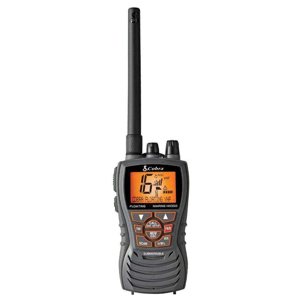 Cobra Floating Marine VHF handheld radio with orange backlit display and long antenna