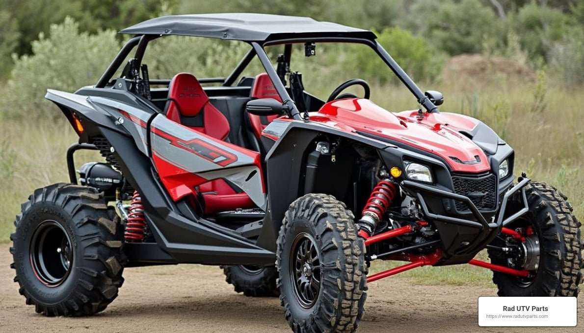 Red and black Honda Talon off-road UTV parked outdoors, showing aggressive tires, suspension, and sporty design perfect for turbo kit upgrade.