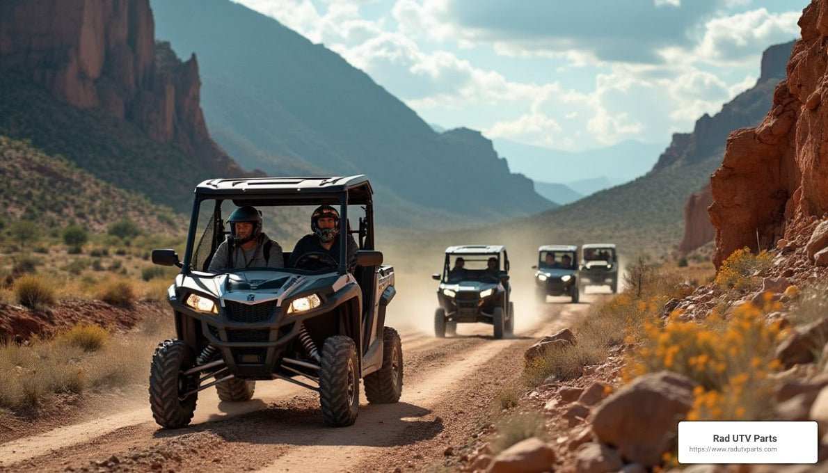 Off-road utility vehicles from various brands driving on a desert trail with rocky terrain and mountains in the background