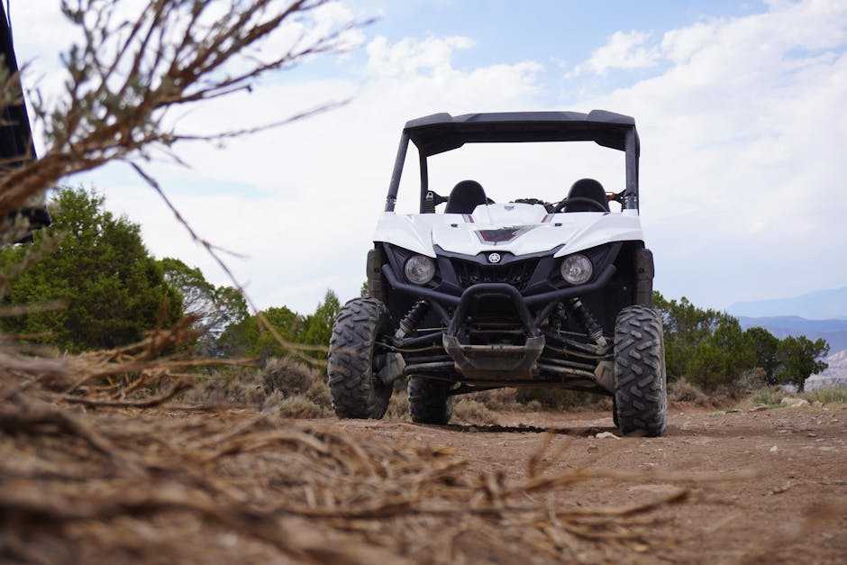 White 4-seater UTV off-road vehicle driving on a rugged dirt trail in a desert landscape with trees and blue sky in the background