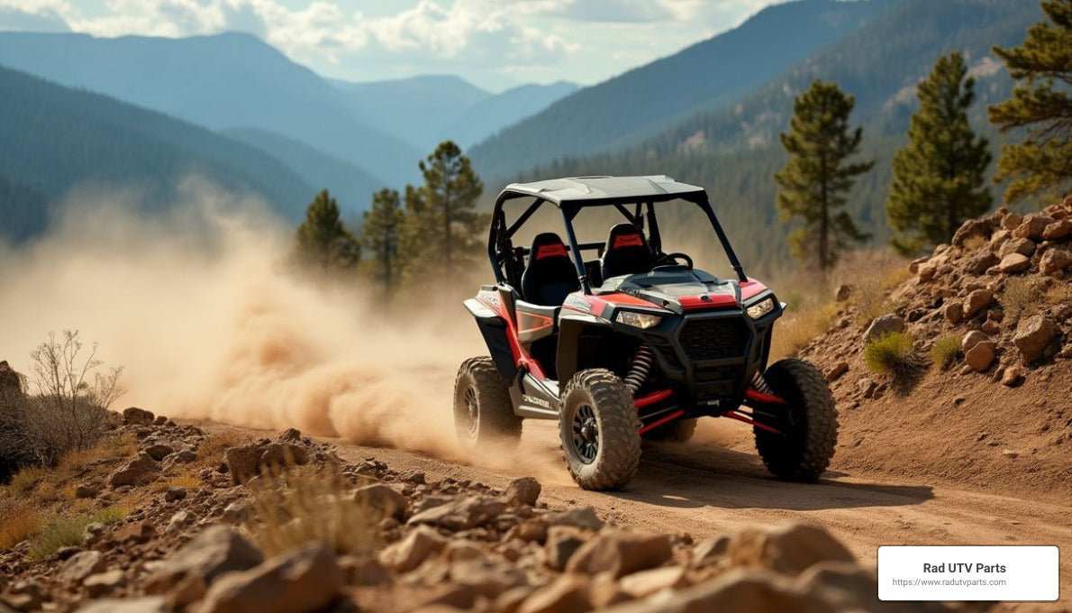 Polaris RZR off-road vehicle with upgraded accessories driving on rocky mountain trail