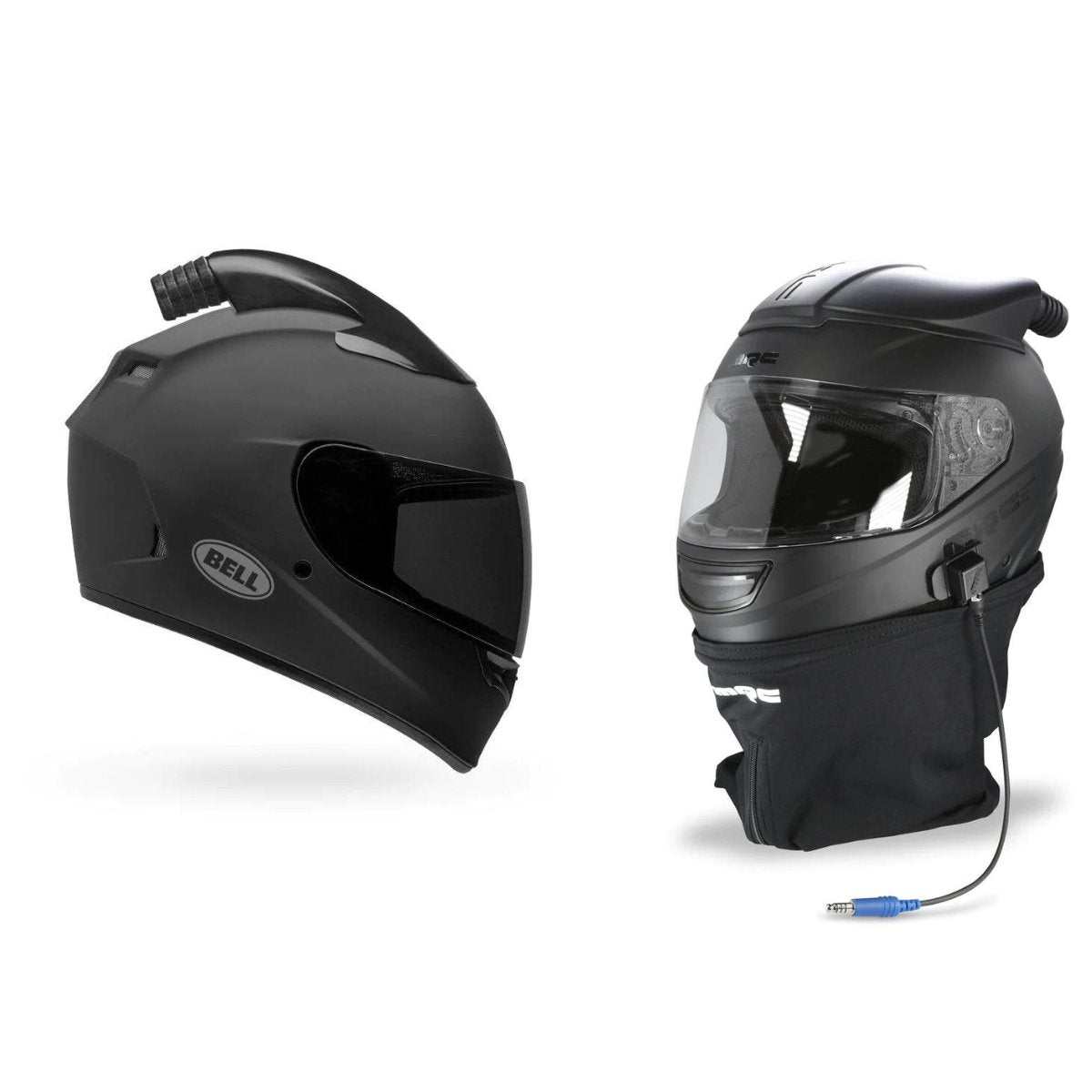 Black Bell and Apexi forced air helmets with integrated air pump systems for enhanced ventilation and off-road riding safety