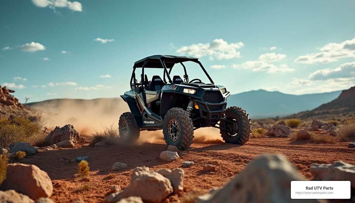 Polaris RZR 1000 4 Seater off-road vehicle driving on rocky terrain with dust trail