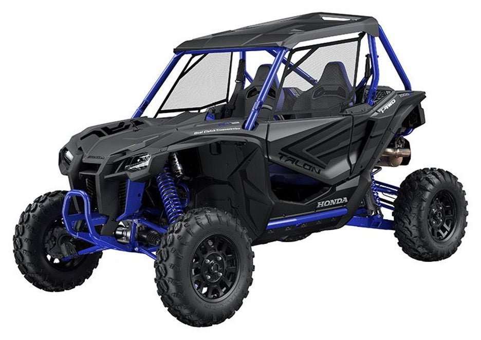 Honda Talon 1000R black and blue off-road UTV side view with rugged tires and protective frame