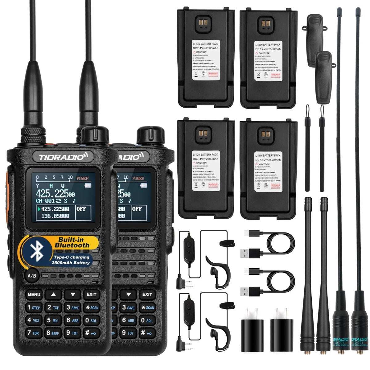 Set of two handheld GMRS radios with multiple batteries, antennas, Bluetooth, and accessories for reliable communication.