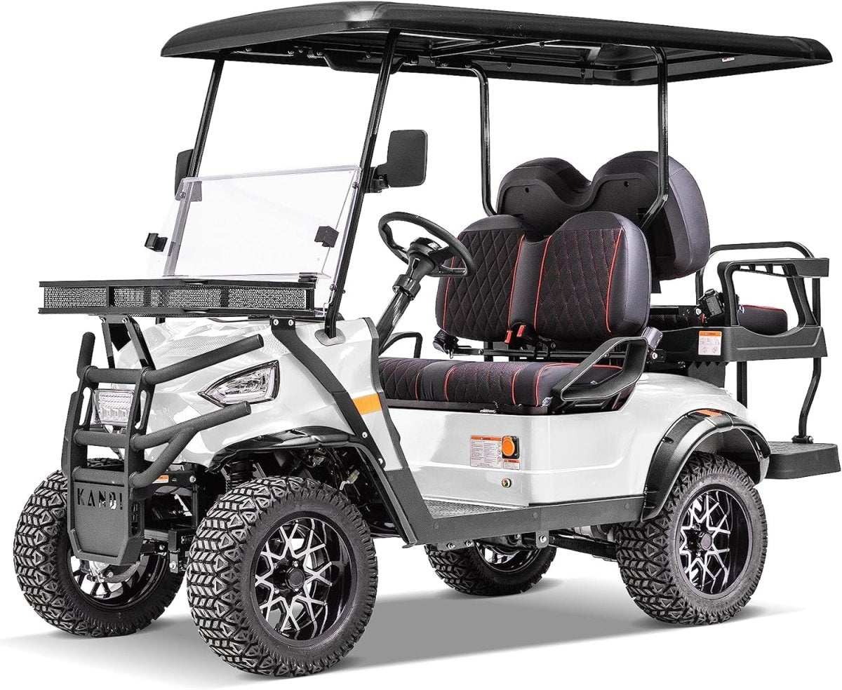 White Kandi electric golf cart with black and red cushioned seats, off-road tires, and roof canopy