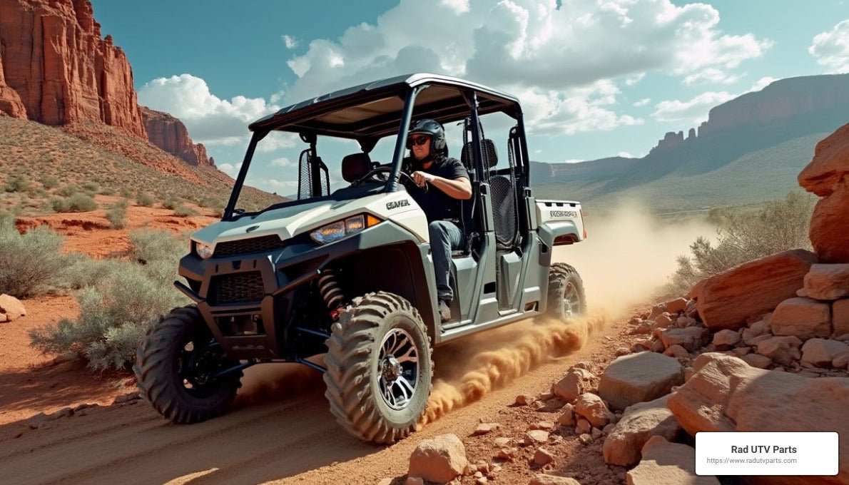 New side by side off-road vehicle driving on rocky desert trail with driver wearing helmet and sunglasses