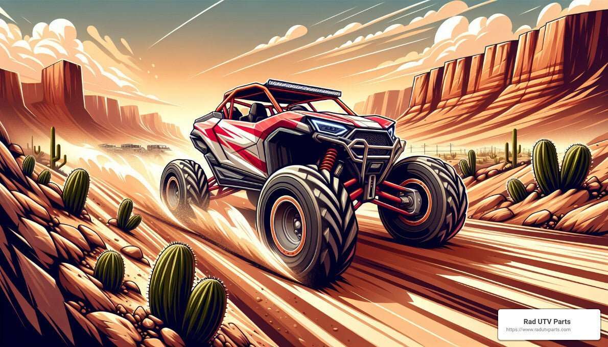 Illustration of a 2024 Can-Am Maverick R UTV speeding through a rugged desert landscape with cacti and rocky cliffs under a bright sky
