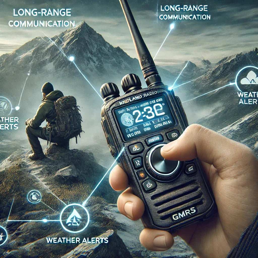 Close-up of hand holding Midland Radios GMRS two-way radio with mountain and hiker background, highlighting long-range communication and weather alerts features