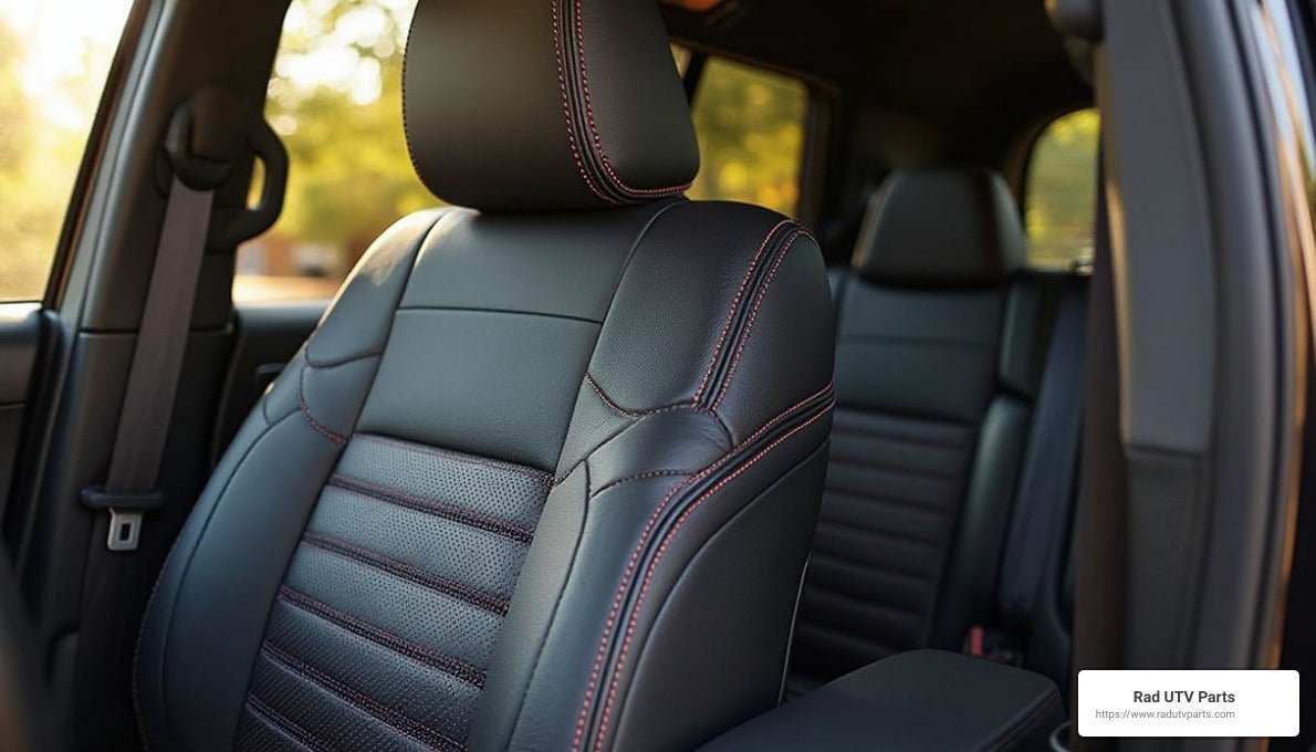 Black Maverick seat cover with red stitching on vehicle front seat interior