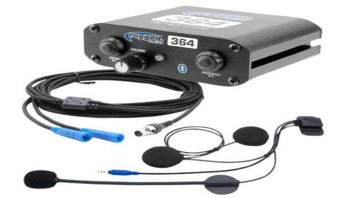 Compact 2-way motorcycle helmet intercom system with Bluetooth, volume control, microphone, and wired headset components