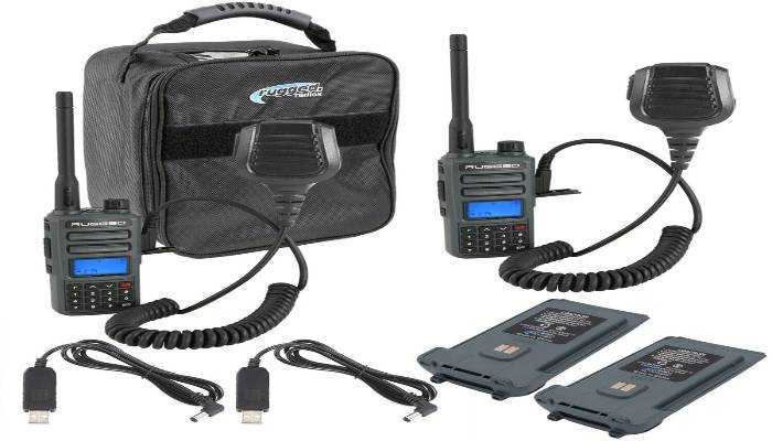Rugged Radios Alpha Audio off-road communication kit with two-way radios, microphone, batteries, charging cables, and carrying case