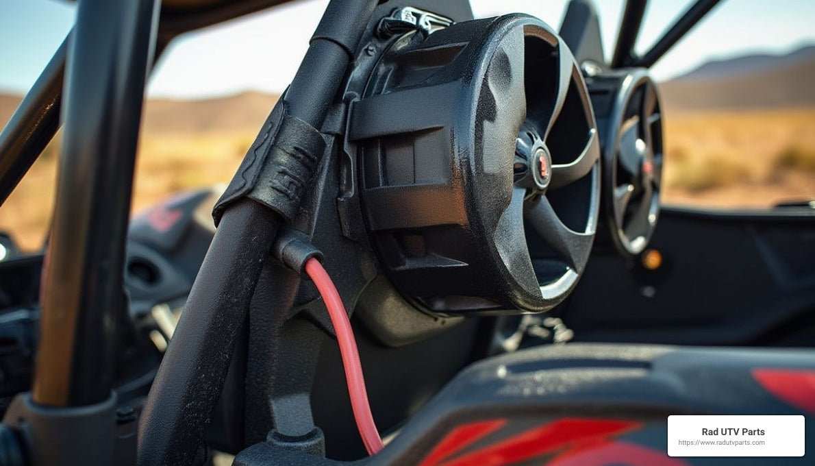 Close-up of a UTV cooling fan mounted inside an off-road vehicle for improved airflow and comfort