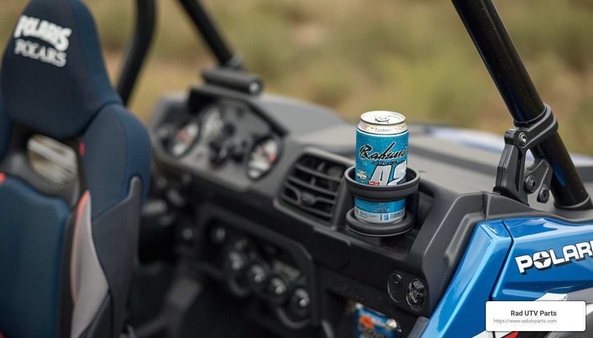 Polaris RZR interior dashboard with installed cup holder holding a canned drink