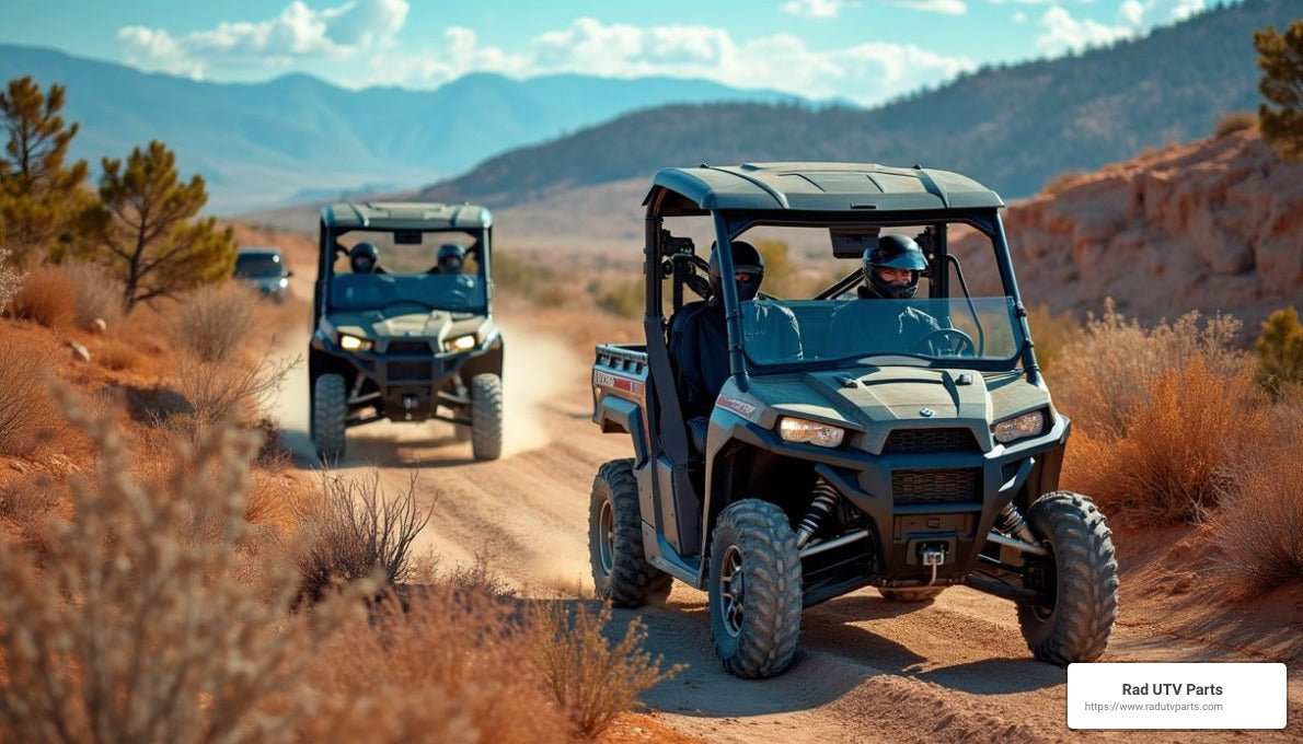 Side by side vehicles driving on a desert trail with mountains in the background, showcasing off-road UTVs in rugged terrain for side by side reviews.