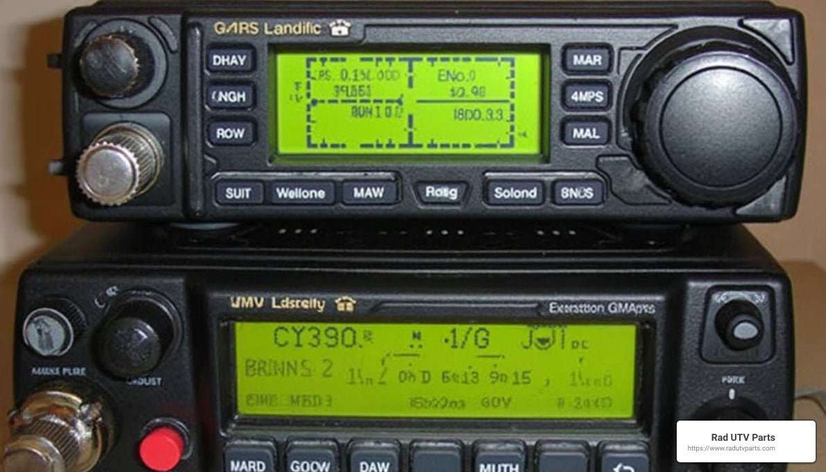 Dual GMRS radios with green digital displays and multiple control buttons for repeater capable GMRS radios communication.