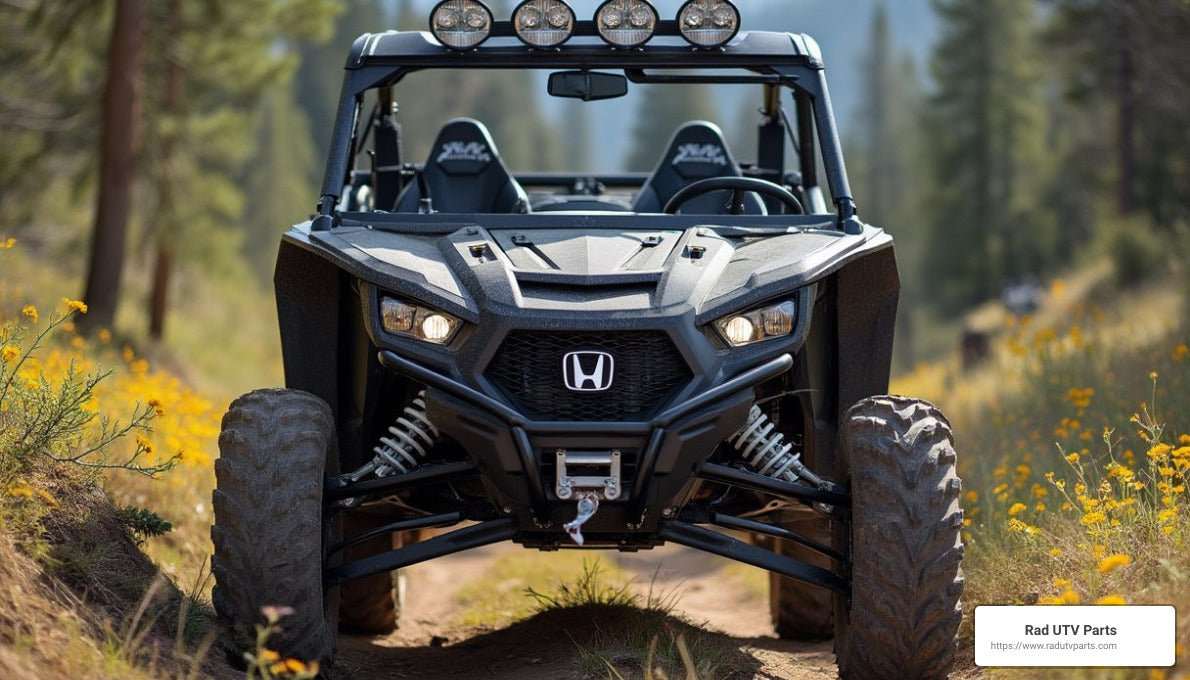 Honda Talon off-road vehicle featuring a rugged front bumper with winch mount and LED lights on a forest trail