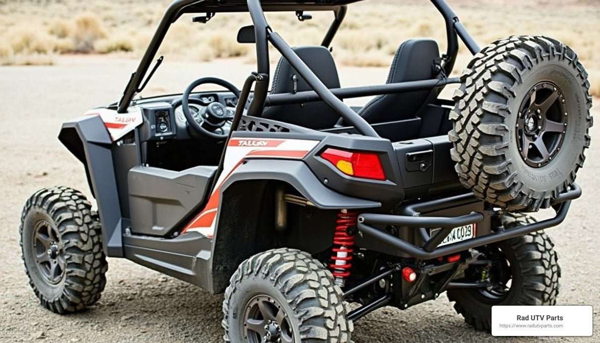 Honda Talon off-road vehicle with a mounted spare tire carrier on the rear cage