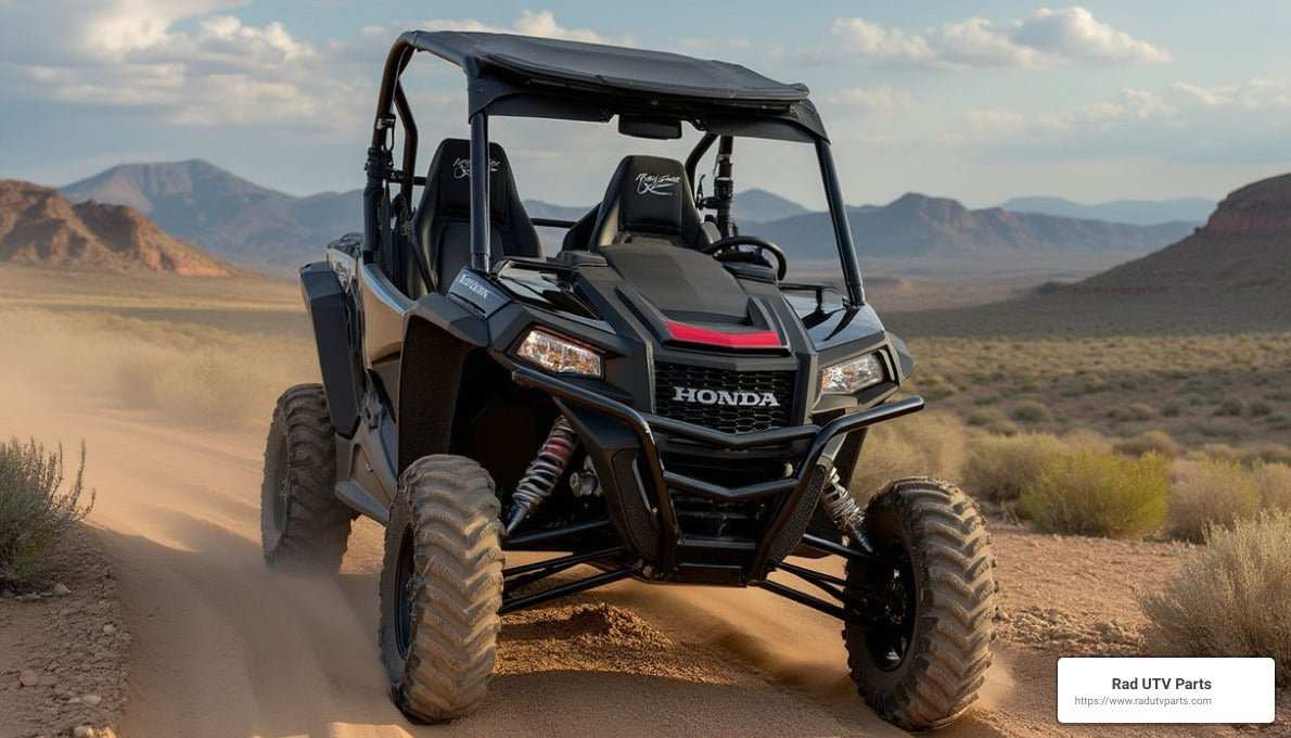 Black Honda Talon off-road vehicle driving on desert trail with mountainous background