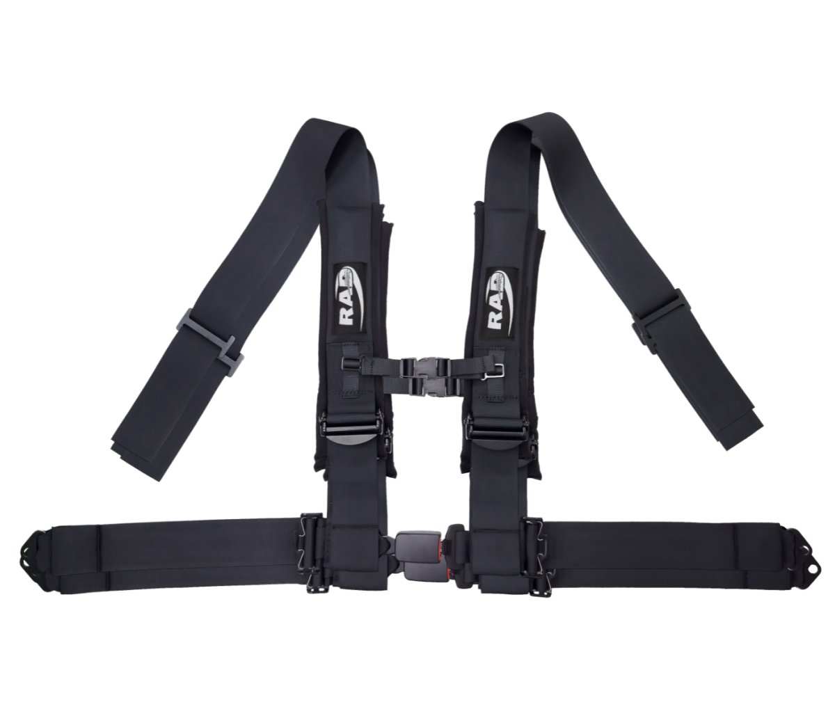 Black durable UTV 4 point harness with adjustable straps and auto-latch buckle for off-road safety and comfort