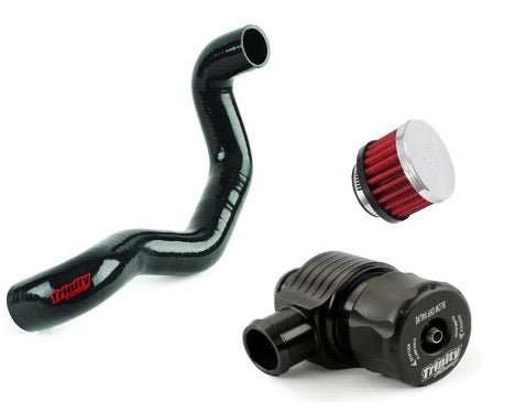 UTV air filter kit with black intake tube, red filter, and black turbo boost component