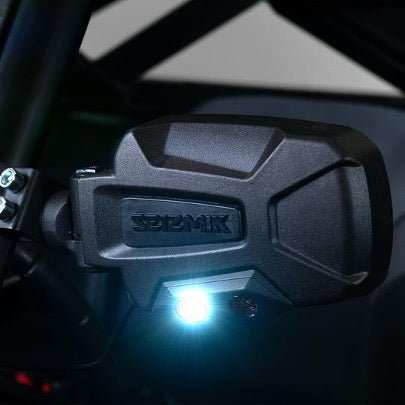 Seizmik UTV side mirror with LED light mounted on roll cage