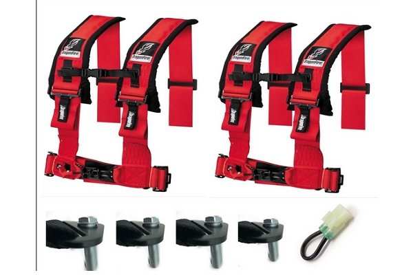 Red 4-point safety harness set for UTV with mounting hardware for enhanced UTV safety and comfort