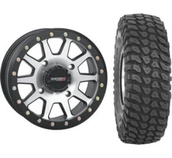 UTV beadlock wheel with off-road tire showing aggressive tread pattern for rugged terrain