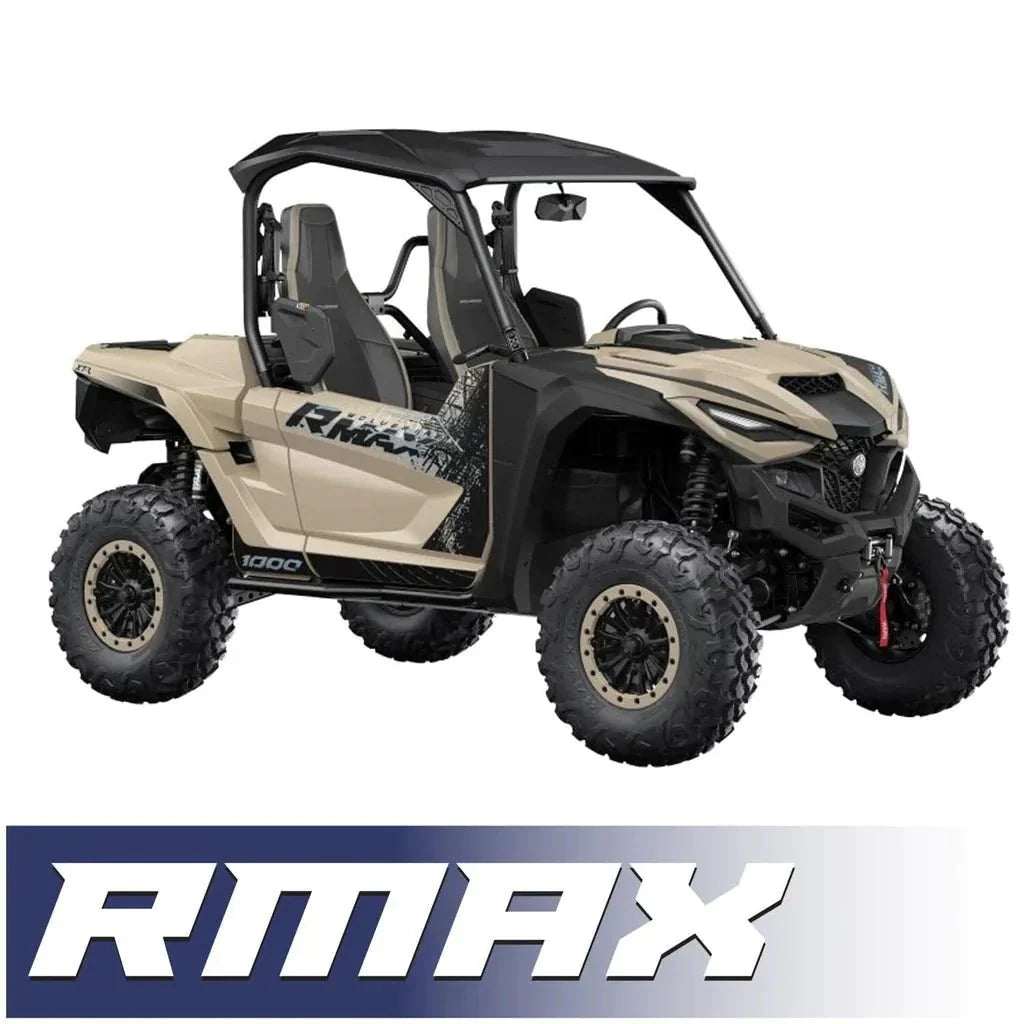 Yamaha RMAX beige off-road utility vehicle with rugged tires and canopy roof for enhanced off-road performance