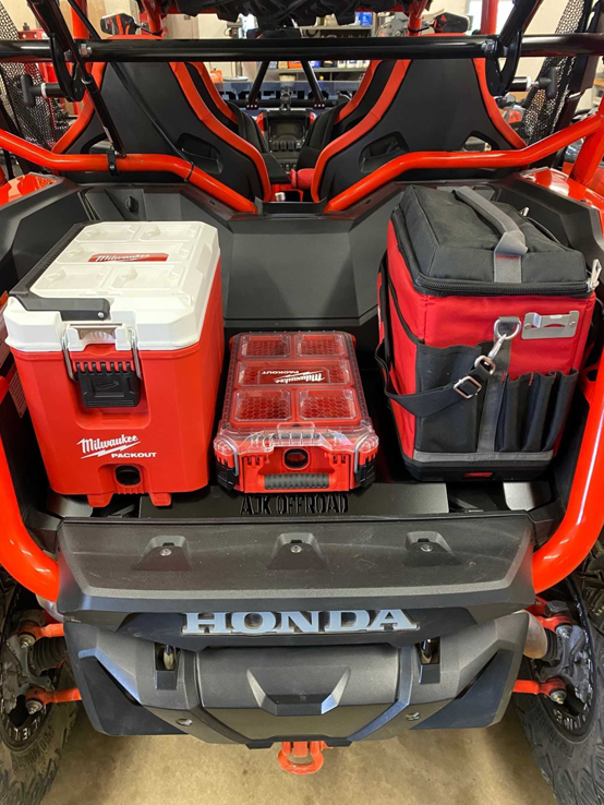 Honda Talon Milwaukee Packout Mount 1.5 — Honda Talon Milwaukee Packout Mount 1.5 by AJK Offroad with a cooler, kit, and another cooler