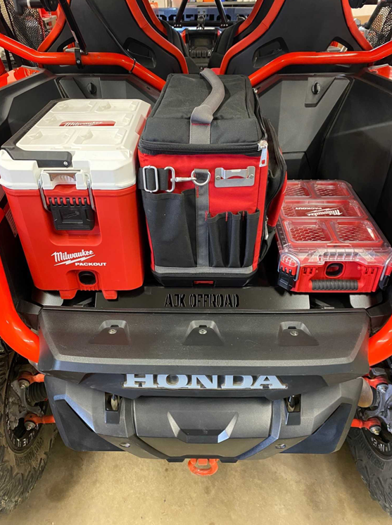Honda Talon Milwaukee Packout Mount 1.5 — Honda Talon Milwaukee Packout Mount 1.5 by AJK Offroad with two coolers and a kit