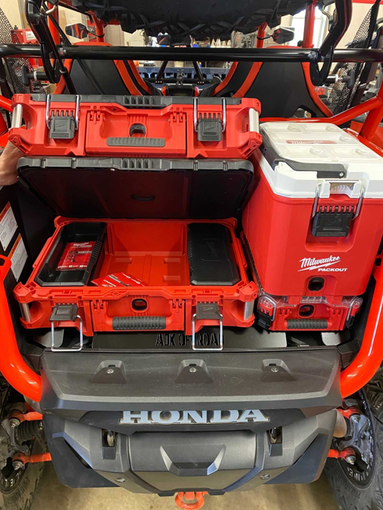 Honda Talon Milwaukee Packout Mount 1.5 — Honda Talon Milwaukee Packout Mount 1.5 by AJK Offroad with cooler closed by one wide kit open on display