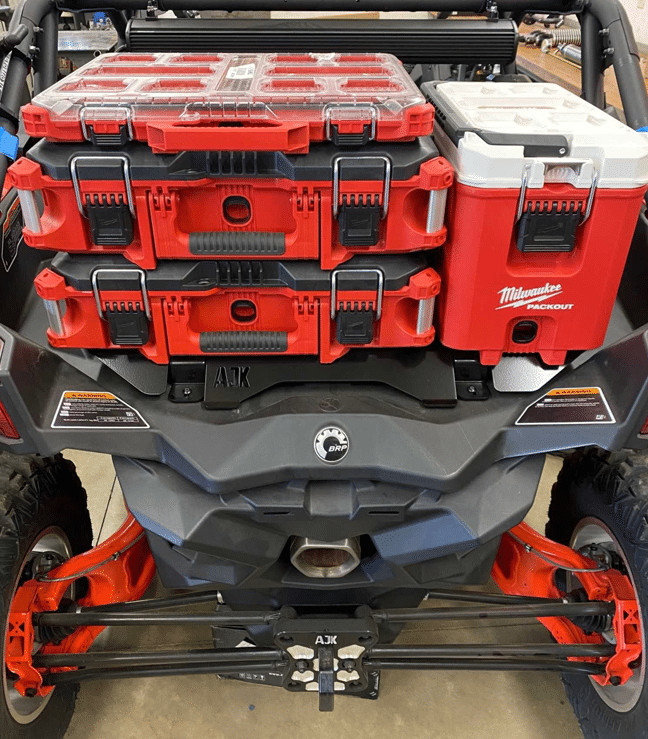 Can-Am Maverick X3 Milwaukee Packout Mount 1.5 — Can-Am X3 Milwaukee Packout Mount 1.5 by AJK Offroad Installed with three stacked kits and cooler