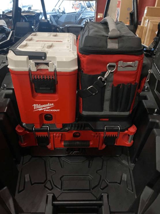 Polaris RZR Pro XP / Turbo R / Pro S Packout Mount — Polaris RZR PRO XP / Turbo R Packout Mount by AJK Offroad Close Up of Two Kits and One Cooler