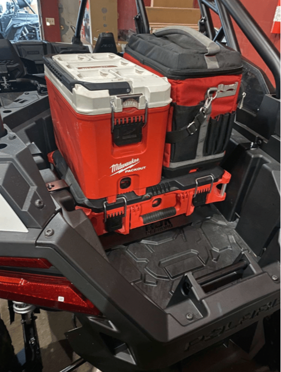 Polaris RZR Pro XP / Turbo R / Pro S Packout Mount — Polaris RZR PRO XP / Turbo R Packout Mount by AJK Offroad Close Up Left Side View of Two Kits and One Cooler
