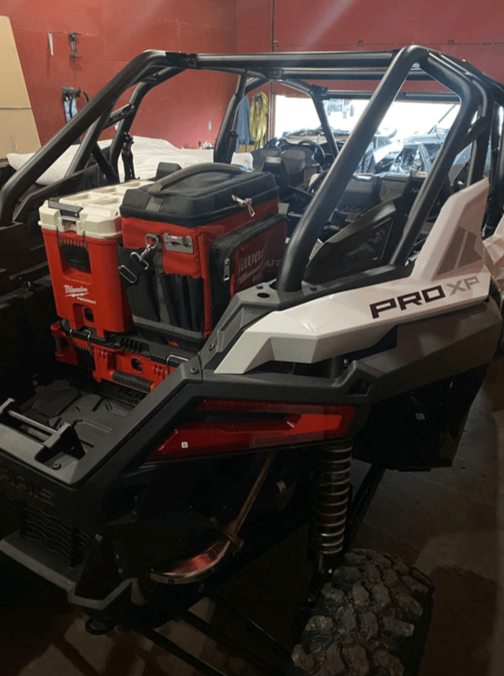 Polaris RZR Pro XP / Turbo R / Pro S Packout Mount — Polaris RZR PRO XP / Turbo R Packout Mount by AJK Offroad Right Side View with three Kits and one Cooler