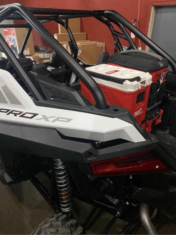 Polaris RZR Pro XP / Turbo R / Pro S Packout Mount — Polaris RZR PRO XP / Turbo R Packout Mount by AJK Offroad Side View with Cooler and three Kits