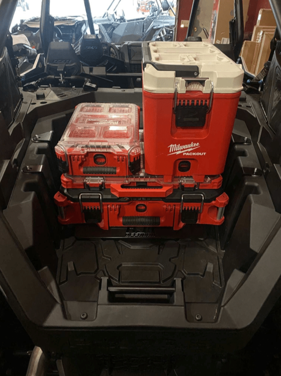 Polaris RZR Pro XP / Turbo R / Pro S Packout Mount — Polaris RZR PRO XP / Turbo R Packout Mount by AJK Offroad with Three Miluakee Kits and a Cooler