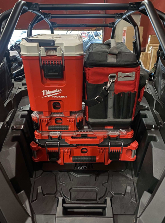 Polaris RZR Pro XP / Turbo R / Pro S Packout Mount — Polaris RZR PRO XP / Turbo R Packout Mount by AJK Offroad Wide View of Mount with Various Packouts Installed