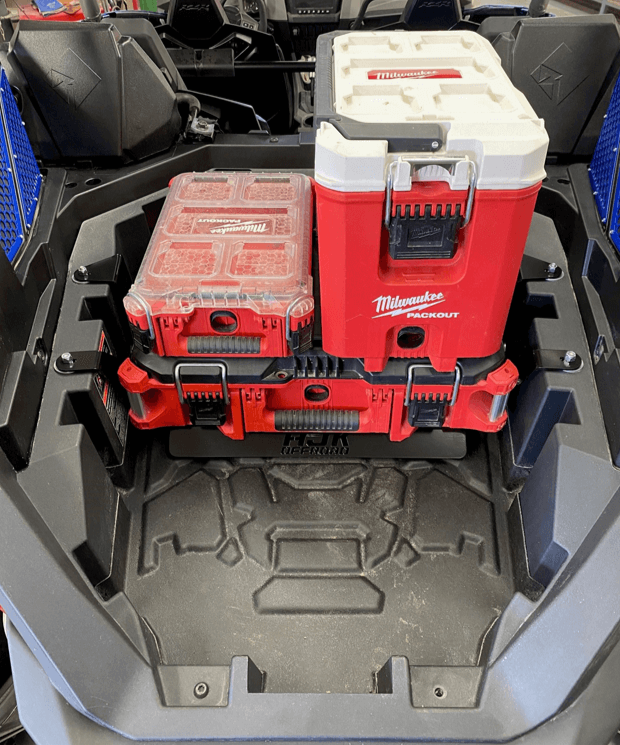 Polaris RZR Pro R Packout Mount — Polaris RZR PRO R Packout Mount by AJK Offroad with three Milwaukee Pack Out Kits