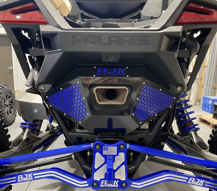 Polaris Pro R Exhaust Cover Bumper — Polaris Pro R Exhaust Cover Bumper by AJK Offroad in Black with Blue Inlay