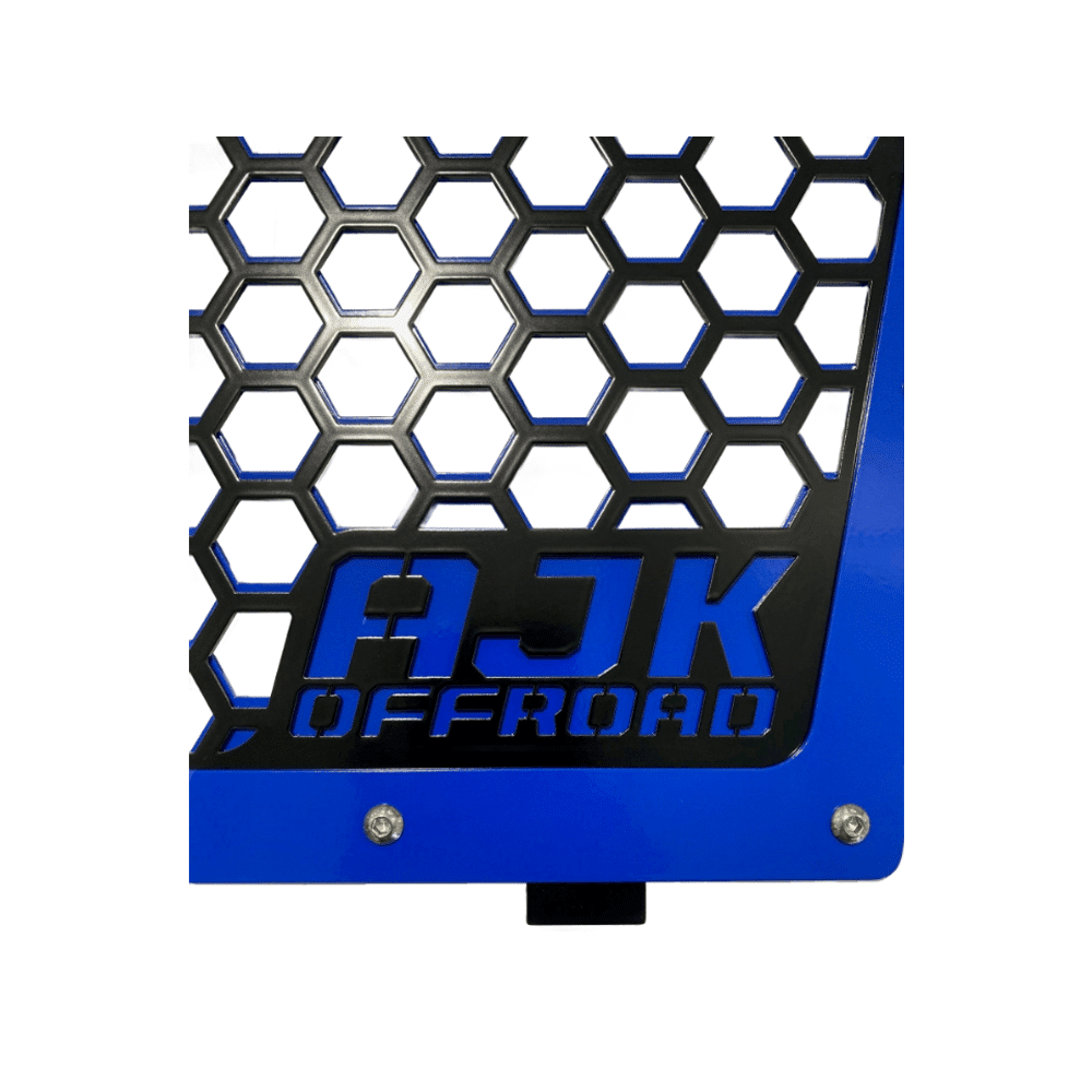 Kawasaki KRX Front Grille — Kawasaki KRX Front Grill by AJK Offroad in Blue Close Up of Logo