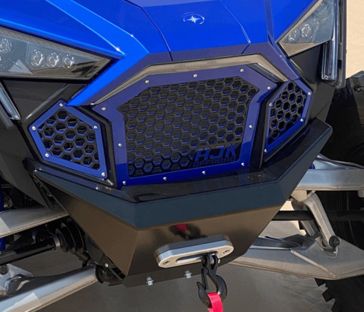 Polaris RZR Grille — Polaris RZR Grill by AJK Offroad Blue Grill Side Close Up Installed