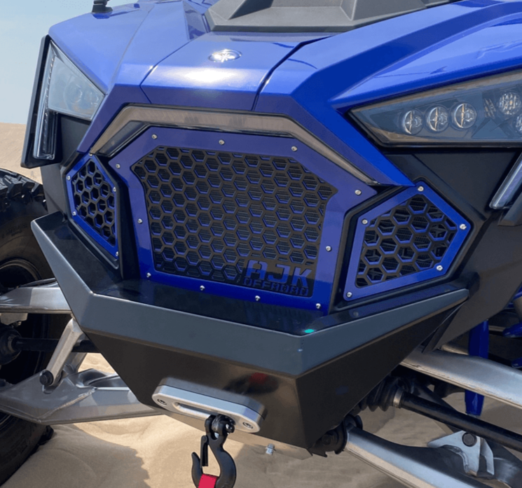 Polaris RZR Grille — Polaris RZR Grill by AJK Offroad Blue Grill Right Side Angle Installed