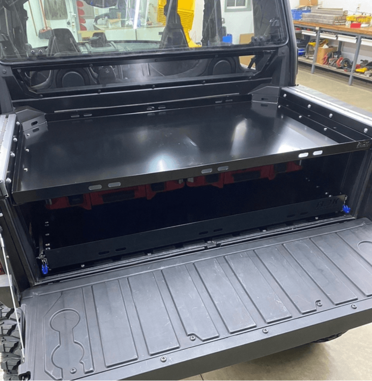 Polaris Xpedition Bed Tray — Polaris Xpedition Bed Tray by AJK Offroad Back Left Angle View Mounted Lower with Bed Drawer Closed with Two Loadout Kits and Tailgate Open